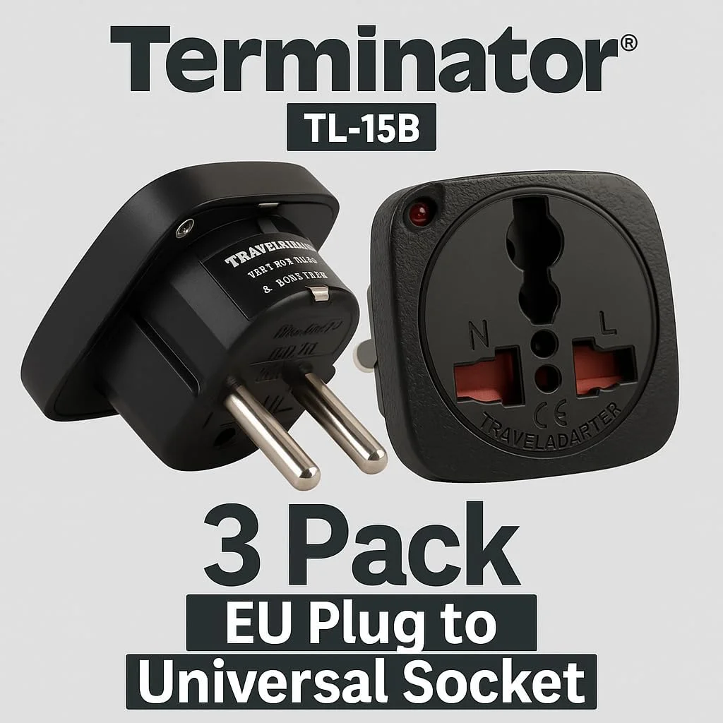 آداپتور مسافرتی ترمیناتور TL-15B – بسته 3 عددی دوشاخه EU به سوکت یونیورسال – دارای محافظ ایمنی کودک و نشانگر نئون – دارای گواهی CE – مبدل برق جمع و جور برای خانه، دفتر، هتل و مسافرت – مشکی