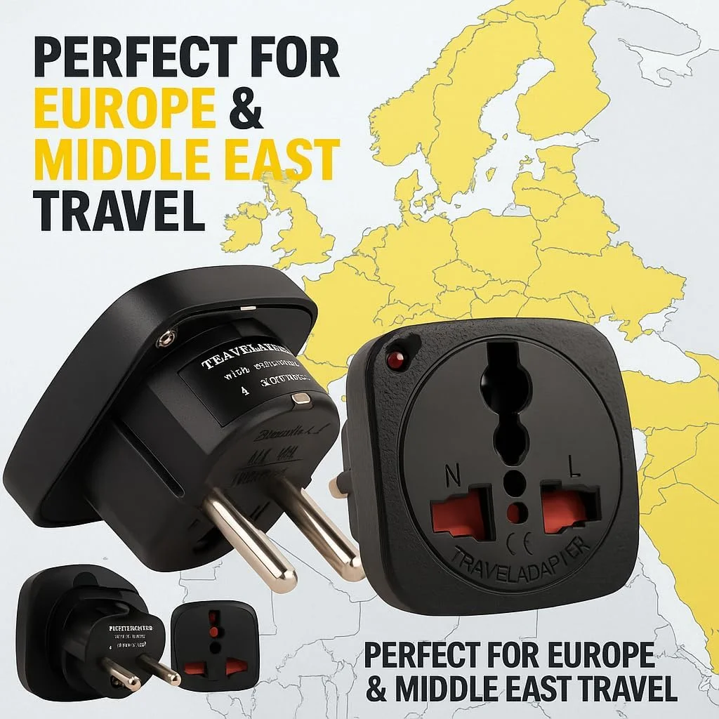 آداپتور مسافرتی ترمیناتور TL-15B – بسته 3 عددی دوشاخه EU به سوکت یونیورسال – دارای محافظ ایمنی کودک و نشانگر نئون – دارای گواهی CE – مبدل برق جمع و جور برای خانه، دفتر، هتل و مسافرت – مشکی