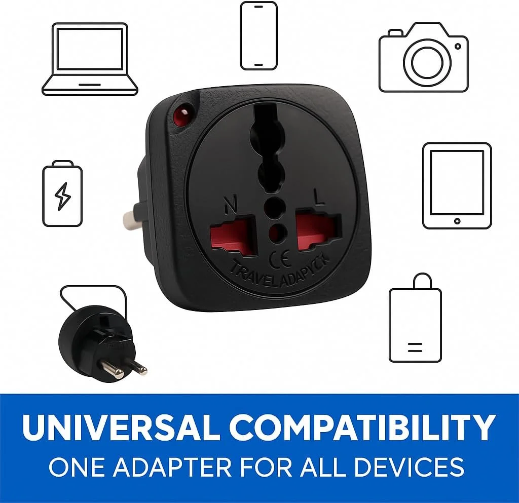 آداپتور مسافرتی ترمیناتور TL-15B – بسته 3 عددی دوشاخه EU به سوکت یونیورسال – دارای محافظ ایمنی کودک و نشانگر نئون – دارای گواهی CE – مبدل برق جمع و جور برای خانه، دفتر، هتل و مسافرت – مشکی