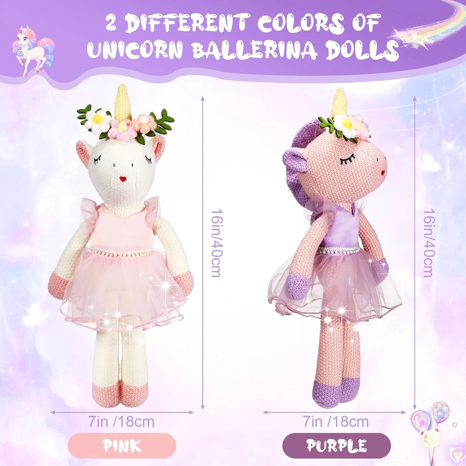 مجموعه 2 عددی عروسک یونیکورن 40 سانتی متری، عروسک بالرین پولیشی نرم، اسباب بازی های بالرین زیبا، اسباب بازی های یونیکورن، دکوراسیون، هدیه تولد برای دختران، 2 رنگ