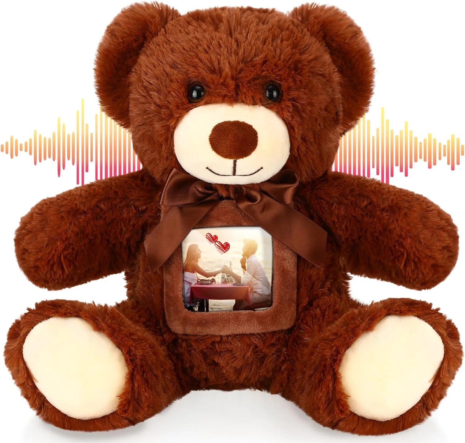 عروسک خرس پولیشی 35 سانتی‌متری با قابلیت ضبط صدا و قاب عکس، هدیه مناسب برای جشن نوزاد، عروسی، تولد و فارغ‌التحصیلی (قهوه‌ای تیره، 35 سانتی‌متر)