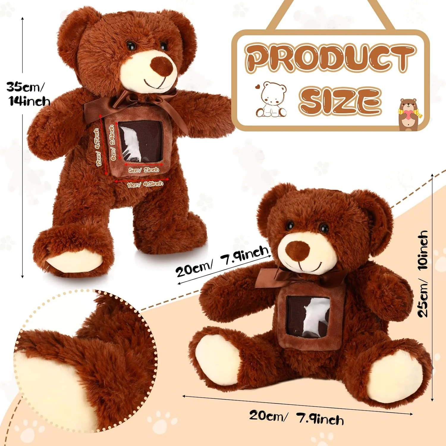 عروسک خرس پولیشی 35 سانتی‌متری با قابلیت ضبط صدا و قاب عکس، هدیه مناسب برای جشن نوزاد، عروسی، تولد و فارغ‌التحصیلی (قهوه‌ای تیره، 35 سانتی‌متر)