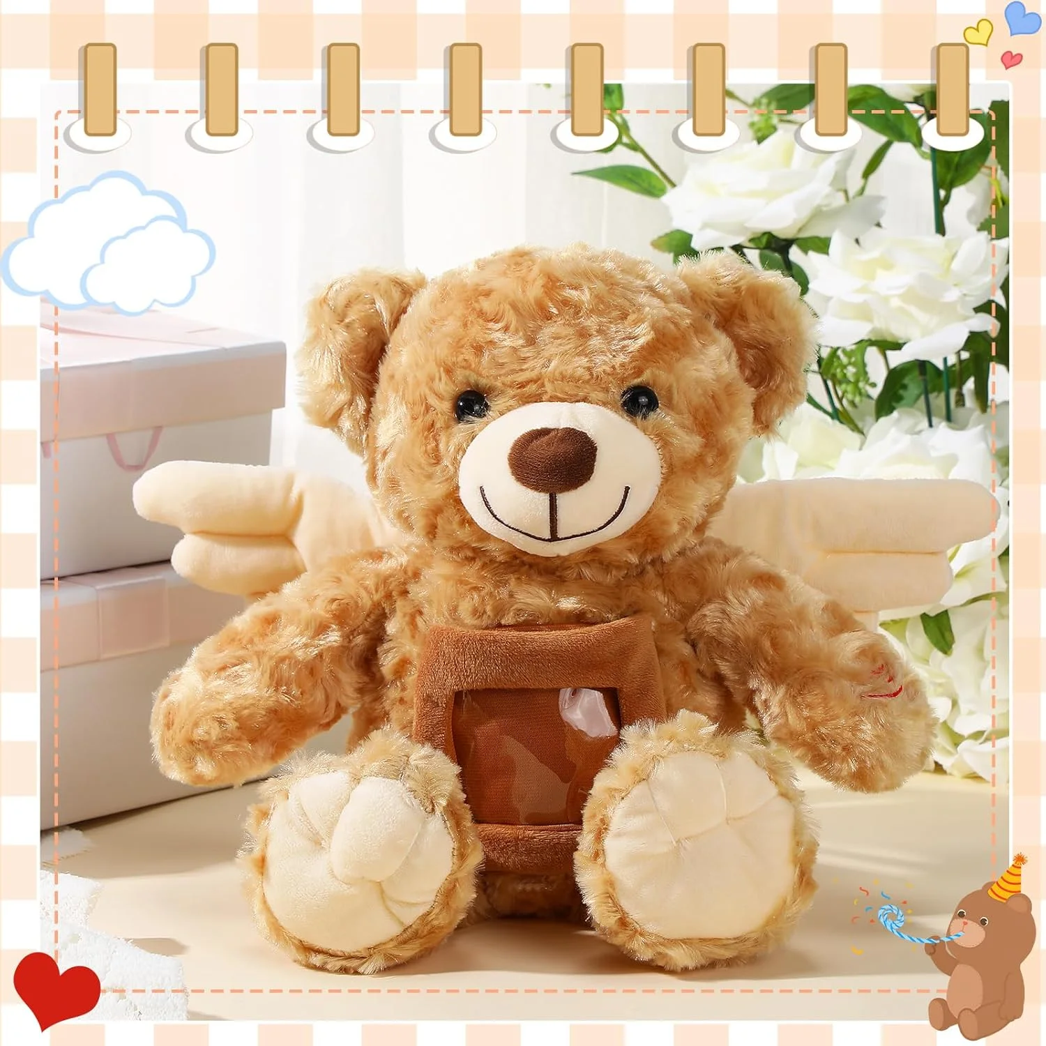 عروسک خرس تدی Leyndo Angel با قابلیت ضبط صدا و قاب عکس، 30 سانتی متر، هدیه ای برای یادبود، جشن تولد و سیسمونی (قهوه ای)