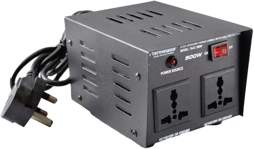 مبدل ولتاژ 500 وات | ترانسفورماتور افزاینده و کاهنده | دوشاخه سه پین بریتانیایی | 2 پریز جهانی | نشانگر LED | کلید روشن/خاموش | آداپتور برق مسافرتی AC به AC