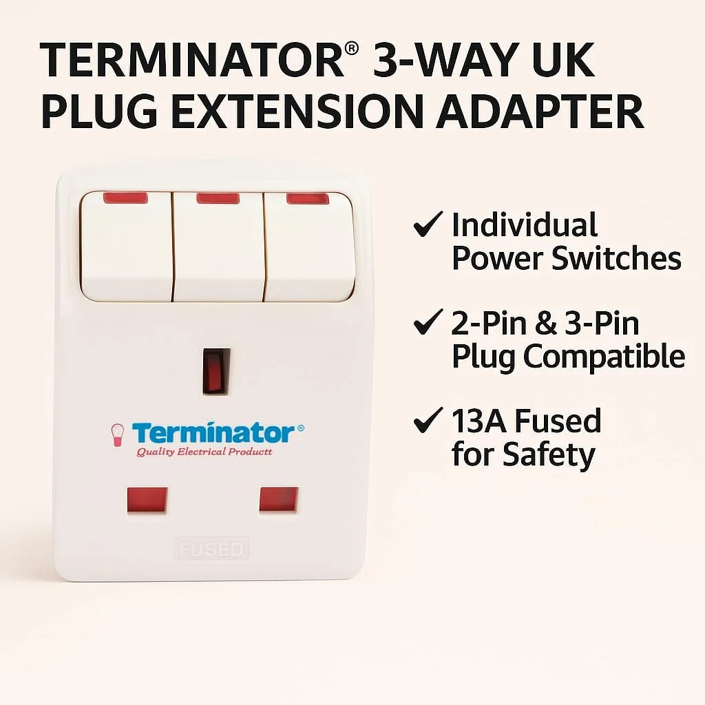 آداپتور چند راهی سه شاخه برق بریتانیا ترمیناتور – دارای گواهی ESMA، فیوز 13 آمپر با کلیدهای جداگانه و نشانگر نئون – بدنه PC مقاوم در برابر آتش – افزایش دهنده جمع و جور برق مسافرتی، سازگار با دوشاخه و سه شاخه