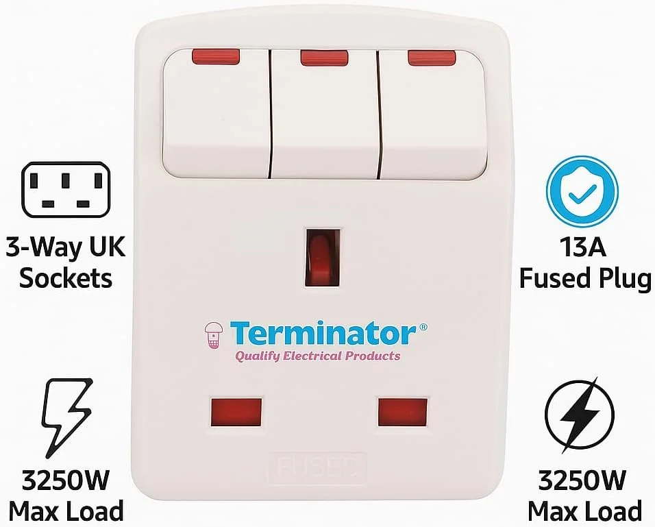 آداپتور چند راهی سه شاخه برق بریتانیا ترمیناتور – دارای گواهی ESMA، فیوز 13 آمپر با کلیدهای جداگانه و نشانگر نئون – بدنه PC مقاوم در برابر آتش – افزایش دهنده جمع و جور برق مسافرتی، سازگار با دوشاخه و سه شاخه