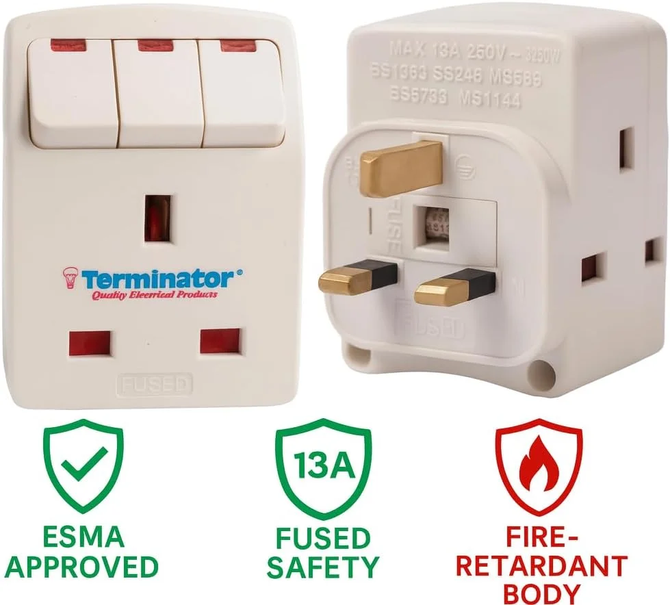 آداپتور چند راهی سه شاخه برق بریتانیا ترمیناتور – دارای گواهی ESMA، فیوز 13 آمپر با کلیدهای جداگانه و نشانگر نئون – بدنه PC مقاوم در برابر آتش – افزایش دهنده جمع و جور برق مسافرتی، سازگار با دوشاخه و سه شاخه