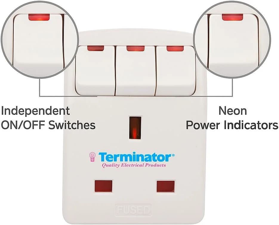 آداپتور چند راهی سه شاخه برق بریتانیا ترمیناتور – دارای گواهی ESMA، فیوز 13 آمپر با کلیدهای جداگانه و نشانگر نئون – بدنه PC مقاوم در برابر آتش – افزایش دهنده جمع و جور برق مسافرتی، سازگار با دوشاخه و سه شاخه