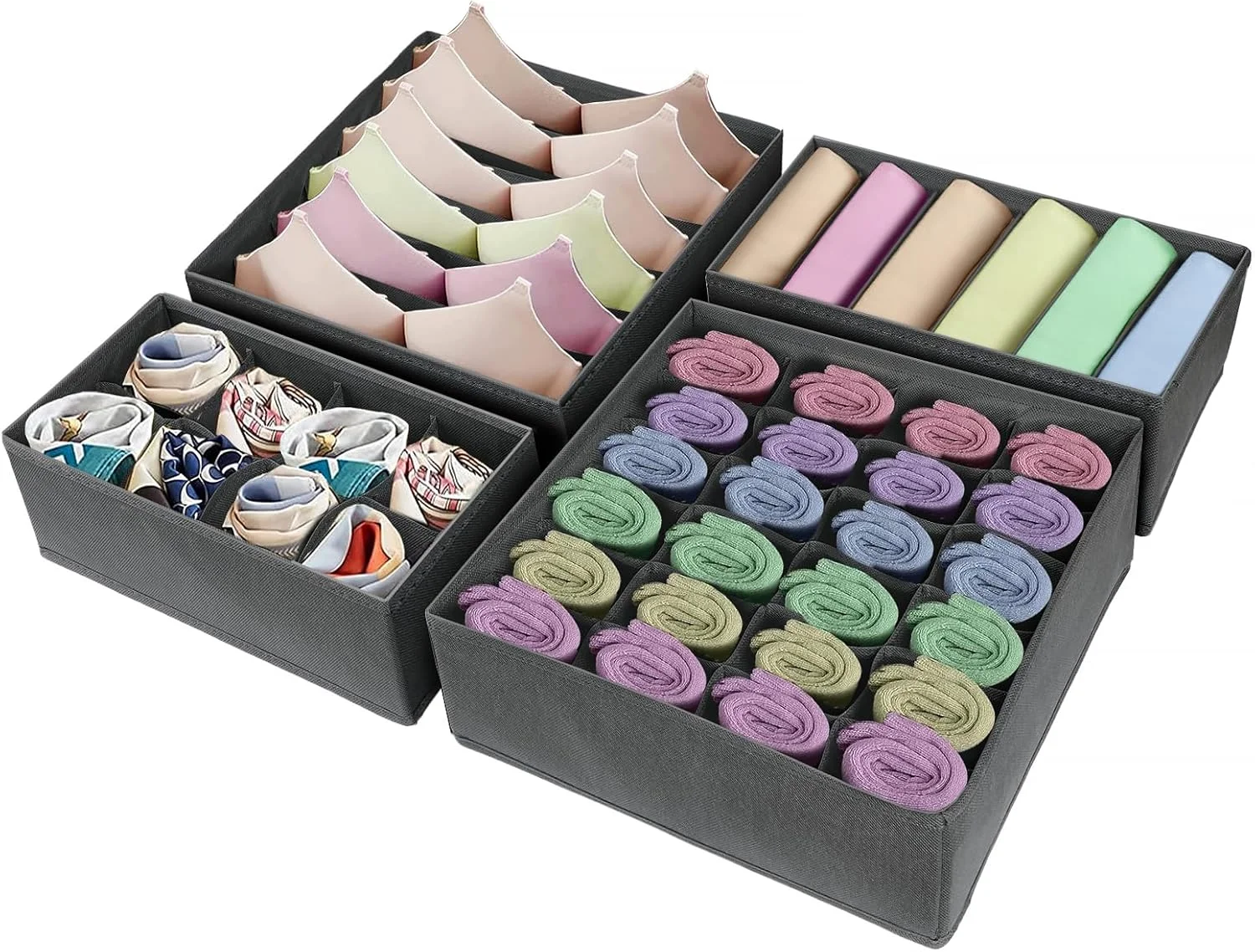 مجموعه ۴ عددی تقسیم کننده کشو بایتیون، نظم دهنده لباس، تقسیم کننده کشو برای لباس، جداکننده های پارچه ای تاشو برای لباس زیر، سوتین، شال، کراوات (خاکستری)