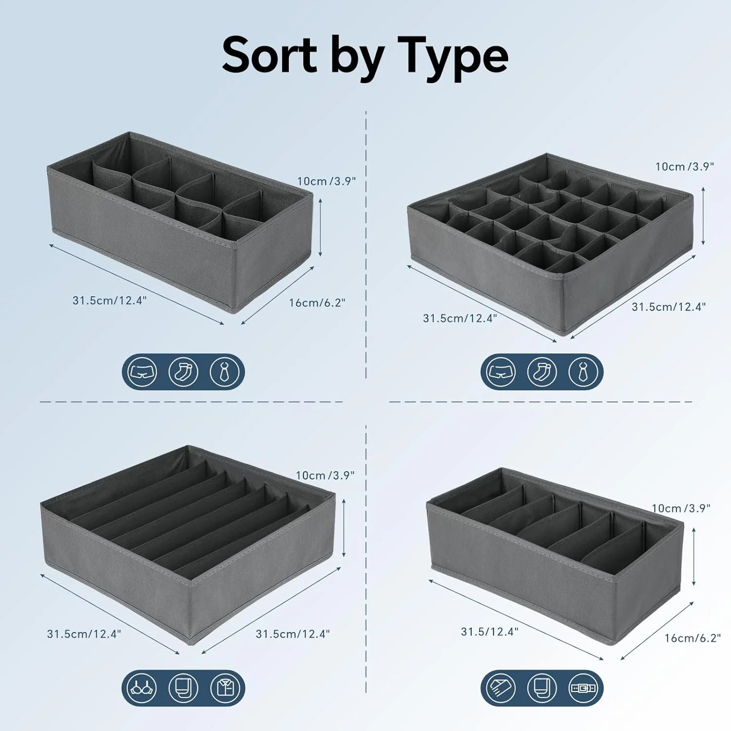 مجموعه ۴ عددی تقسیم کننده کشو بایتیون، نظم دهنده لباس، تقسیم کننده کشو برای لباس، جداکننده های پارچه ای تاشو برای لباس زیر، سوتین، شال، کراوات (خاکستری)