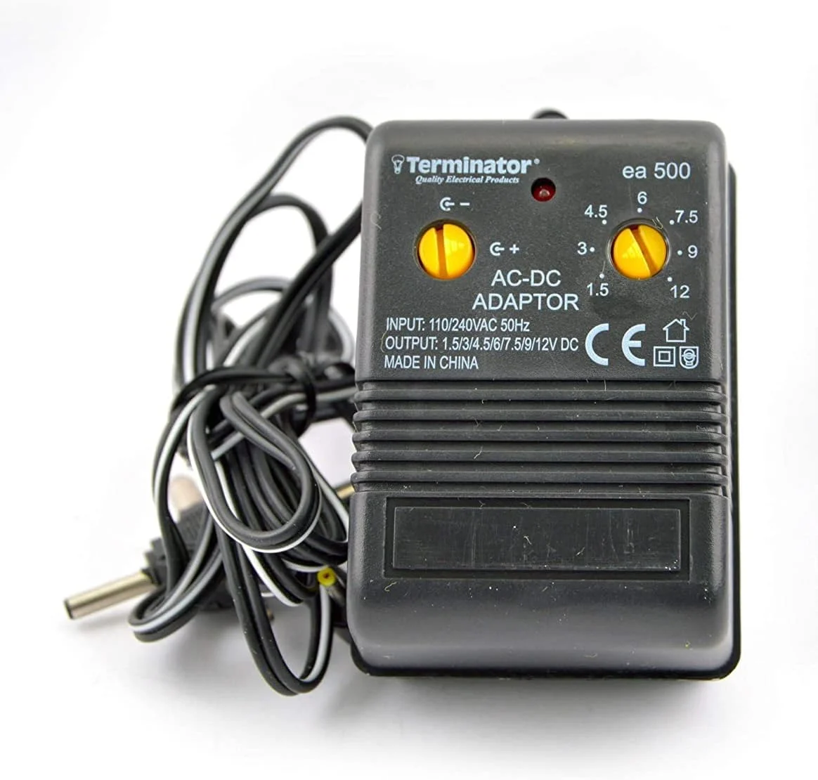 آداپتور برق متناوب به مستقیم ترمیناتور 1.5V 3V 4.5V 6V 9V 12V با دوشاخه 3 پین تخت 500mA