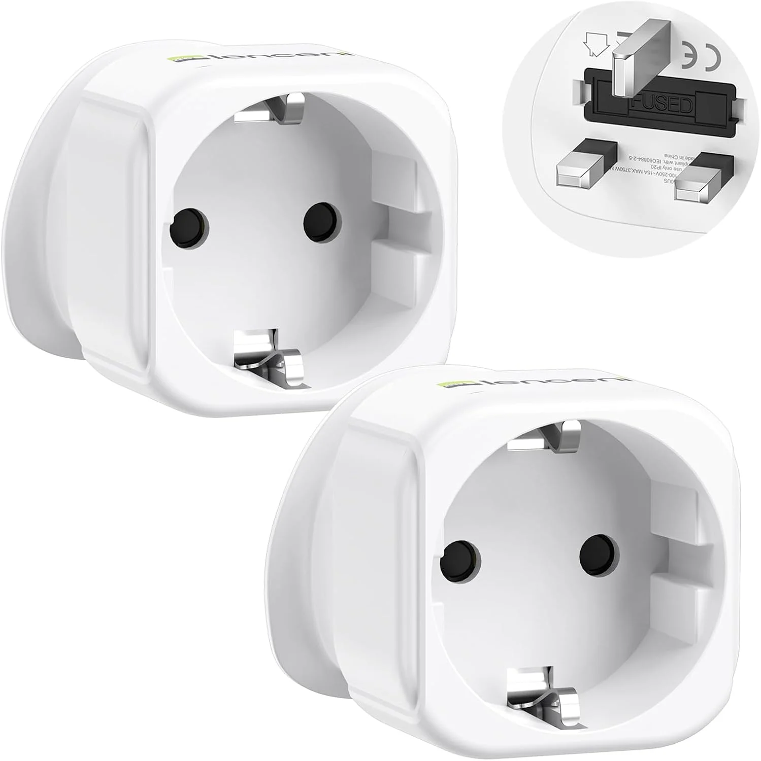 تبدیل دوشاخه EU به دوشاخه UK لنcent، تبدیل دوشاخه 2 پین اروپایی شوکو به 3 پین UK، تبدیل دوشاخه اروپایی به انگلیسی - سفید، 2 عدد