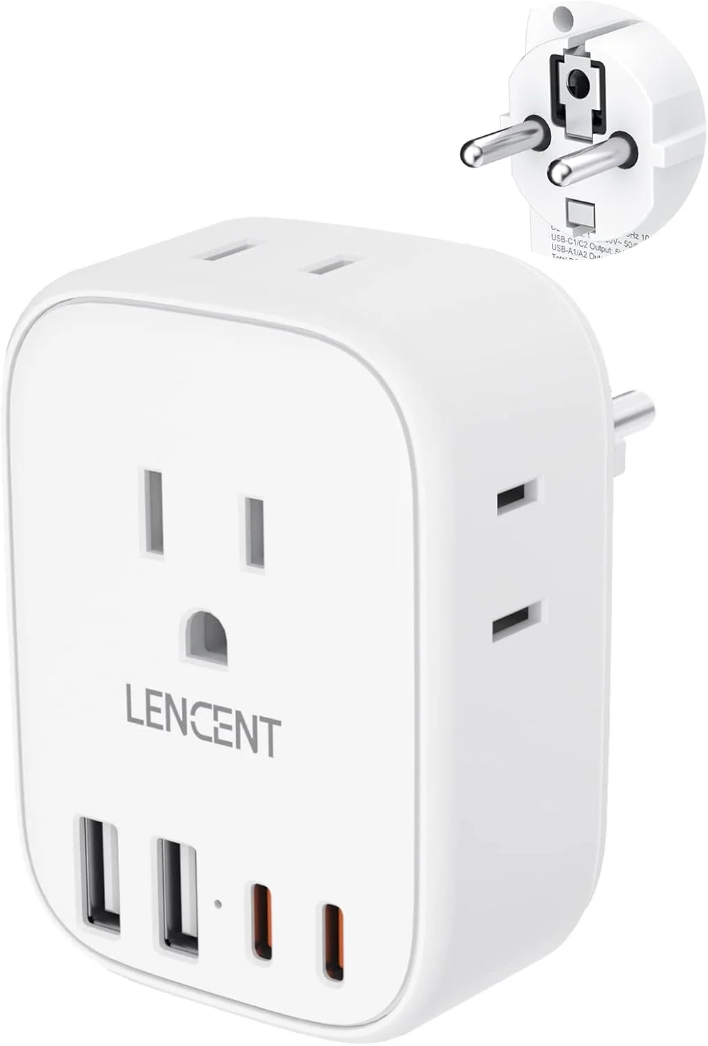 آداپتور برق مسافرتی آلمان فرانسه LENCENT، آداپتور دوشاخه برق شوکو نوع E/F با 4 پورت USB (2 نوع C)، 4 مبدل خروجی، ایالات متحده به اتحادیه اروپا اسپانیا فرانسه آلمان یونان نروژ ایسلند کره