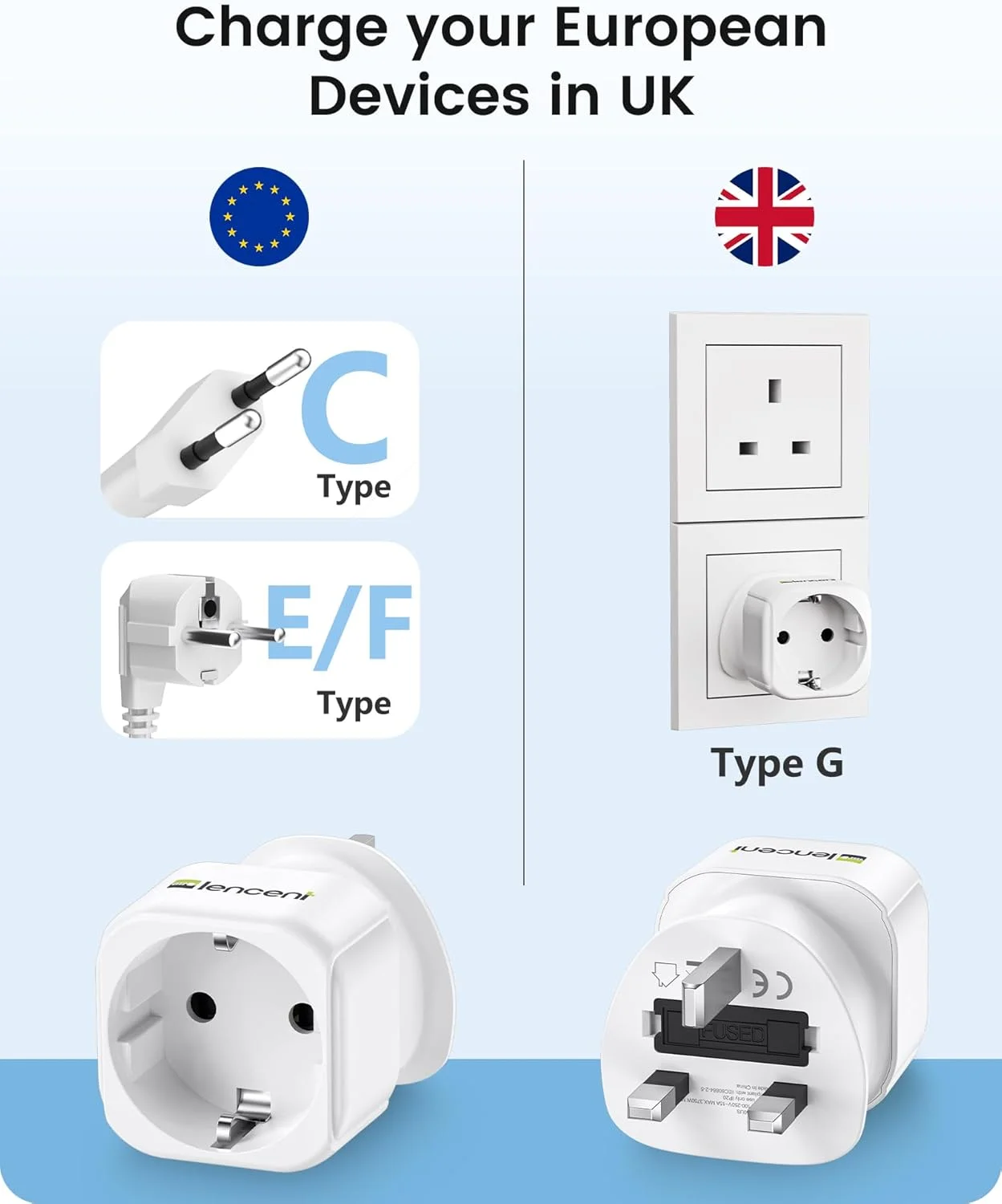 تبدیل دوشاخه EU به دوشاخه UK لنcent، تبدیل دوشاخه 2 پین اروپایی شوکو به 3 پین UK، تبدیل دوشاخه اروپایی به انگلیسی - سفید، 2 عدد