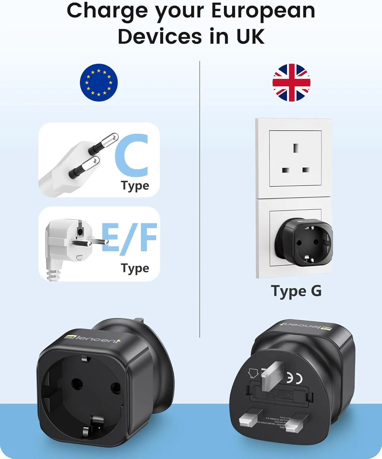 تبدیل دوشاخه EU به UK لن سنت، تبدیل دوشاخه ۲ پین شوکو اروپا به ۳ پین UK، آداپتور تبدیل دوشاخه اروپایی به انگلیسی - مشکی، ۲ عدد