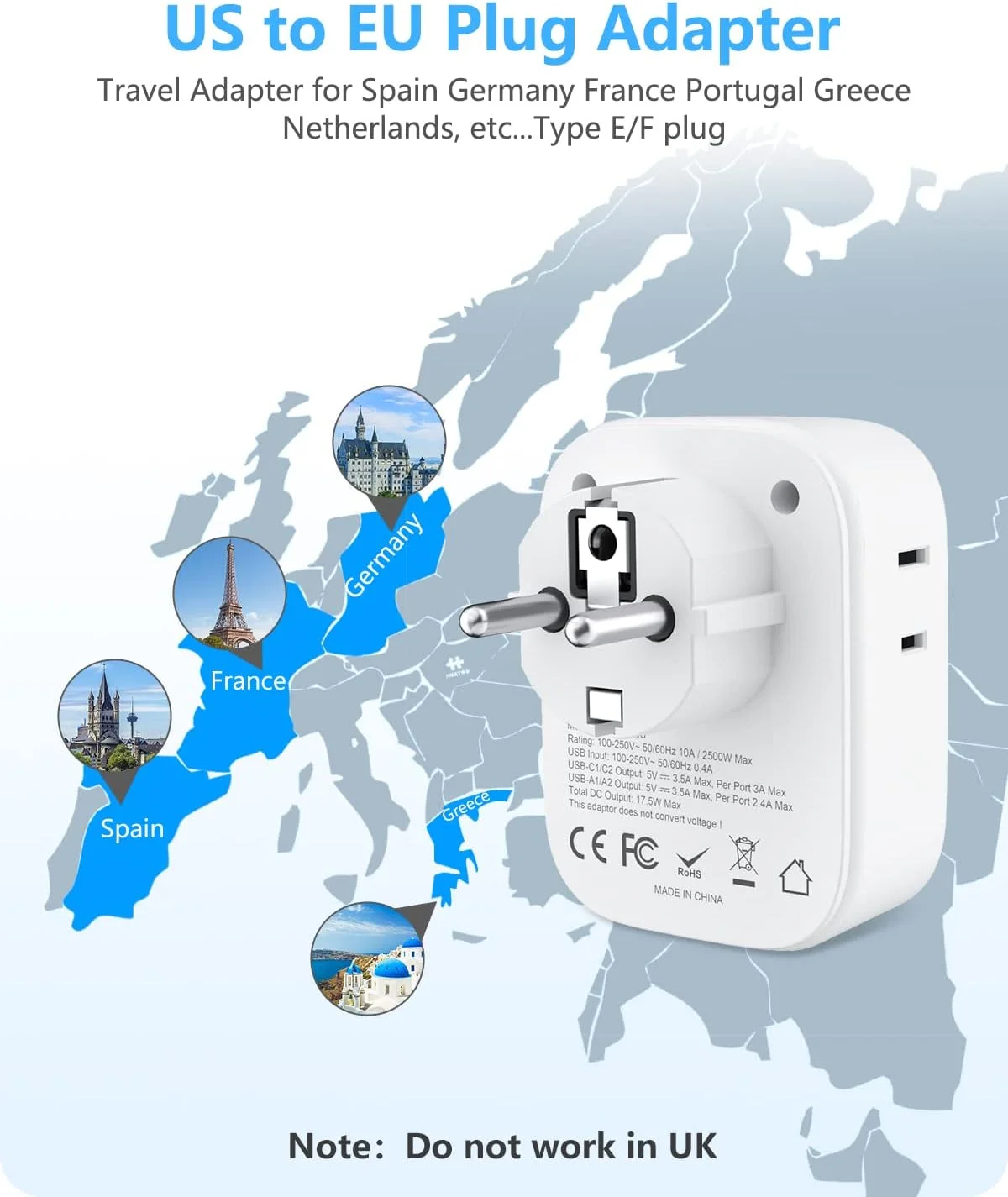 آداپتور برق مسافرتی آلمان فرانسه LENCENT، آداپتور دوشاخه برق شوکو نوع E/F با 4 پورت USB (2 نوع C)، 4 مبدل خروجی، ایالات متحده به اتحادیه اروپا اسپانیا فرانسه آلمان یونان نروژ ایسلند کره