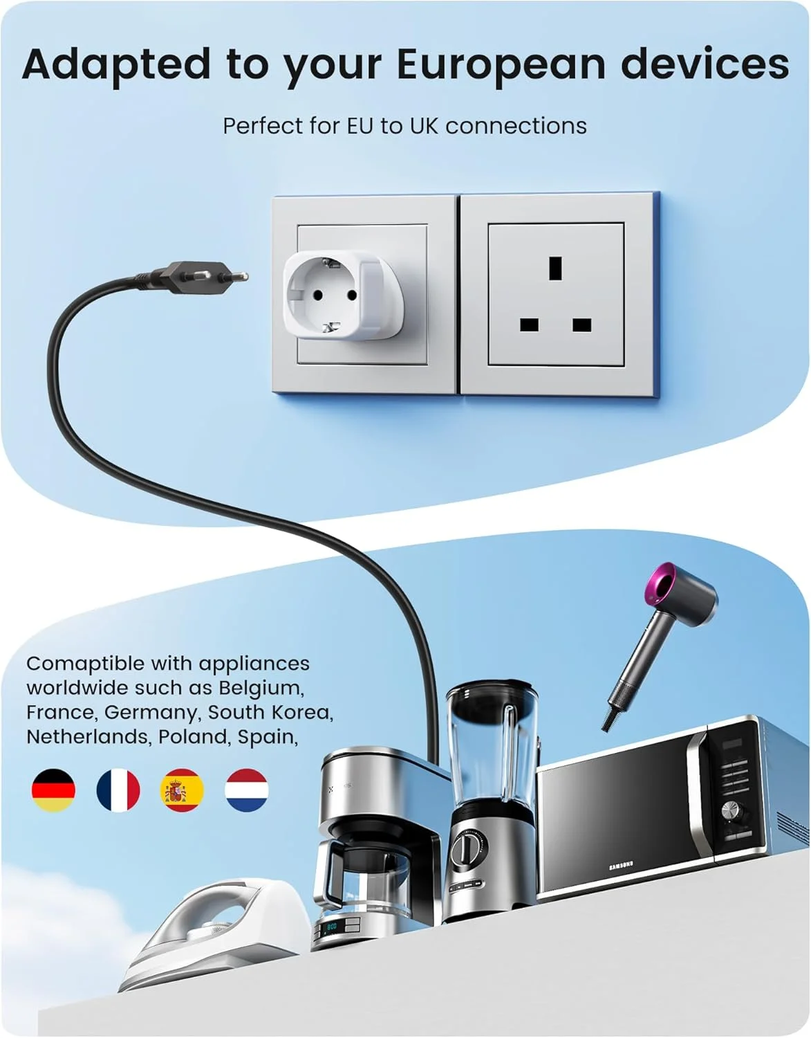 تبدیل دوشاخه EU به دوشاخه UK لنcent، تبدیل دوشاخه 2 پین اروپایی شوکو به 3 پین UK، تبدیل دوشاخه اروپایی به انگلیسی - سفید، 2 عدد