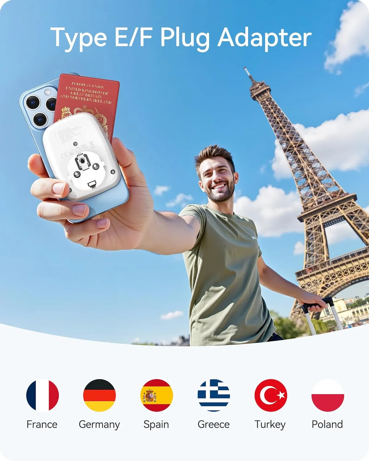 تبدیل دوشاخه بریتانیا به اروپا لن سنت، آداپتور مسافرتی اروپایی ارت دار با 3 پورت USB و 1 پورت Type C برای آلمان، اسپانیا، فرانسه، پرتغال، یونان، روسیه، هلند، ترکیه و غیره (نوع E/F)