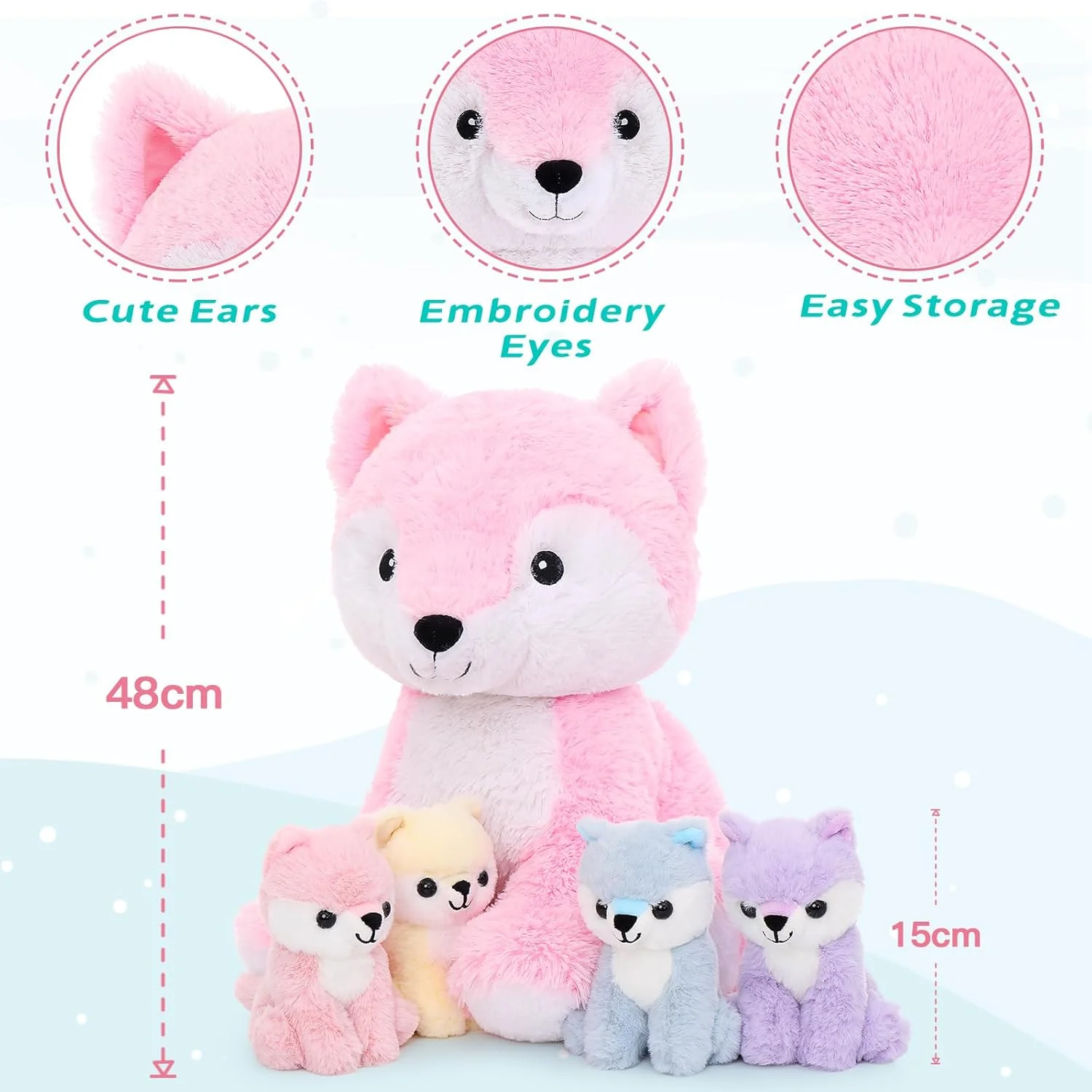 موریس ماس روباه صورتی پولیشی، روباه مادر غول پیکر 48 سانتی متری با 4 بچه روباه دخترانه کاوایی، اسباب بازی پولیشی نرم هدیه ای برای پسران و دختران کودک برای کریسمس و تولد