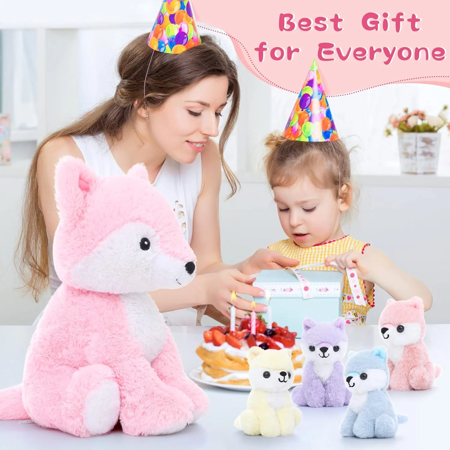 موریس ماس روباه صورتی پولیشی، روباه مادر غول پیکر 48 سانتی متری با 4 بچه روباه دخترانه کاوایی، اسباب بازی پولیشی نرم هدیه ای برای پسران و دختران کودک برای کریسمس و تولد