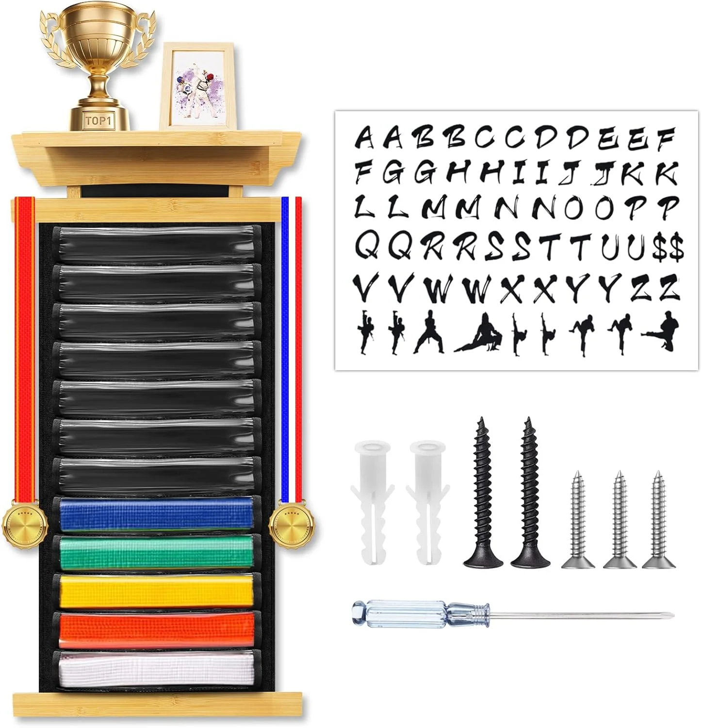 نگهدارنده کمربند چوبی کاراته X-Kingsun، قفسه نمایش 12 کمربند تکواندو، قفسه عکس جام با پوشش ضد گرد و غبار و استیکر برای بزرگسالان نگهدارنده کمربند چوبی کاراته X-Kingsun، قفسه نمایش 12 کمربند تکواندو، قفسه عکس جام با پوشش ضد گرد و غبار و استیکر برای بزرگسالان