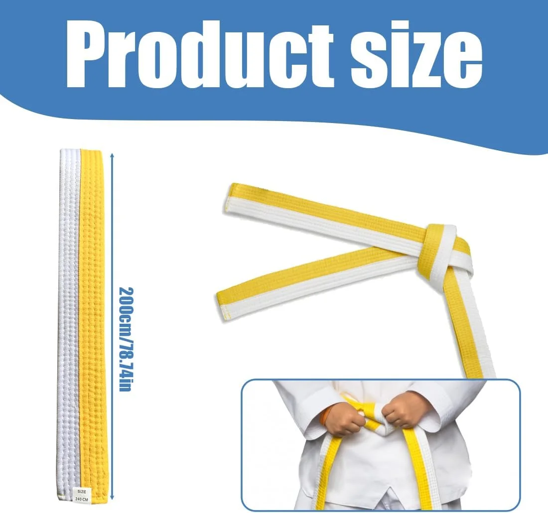 کمربند جودو XPEX طول 200 سانتی متر، کمربند کاراته هنرهای رزمی، کمربند پنبه ای تکواندو، کمربند حرفه ای کاراته آیکیدو برای کودکان و بزرگسالان (زرد + سفید)