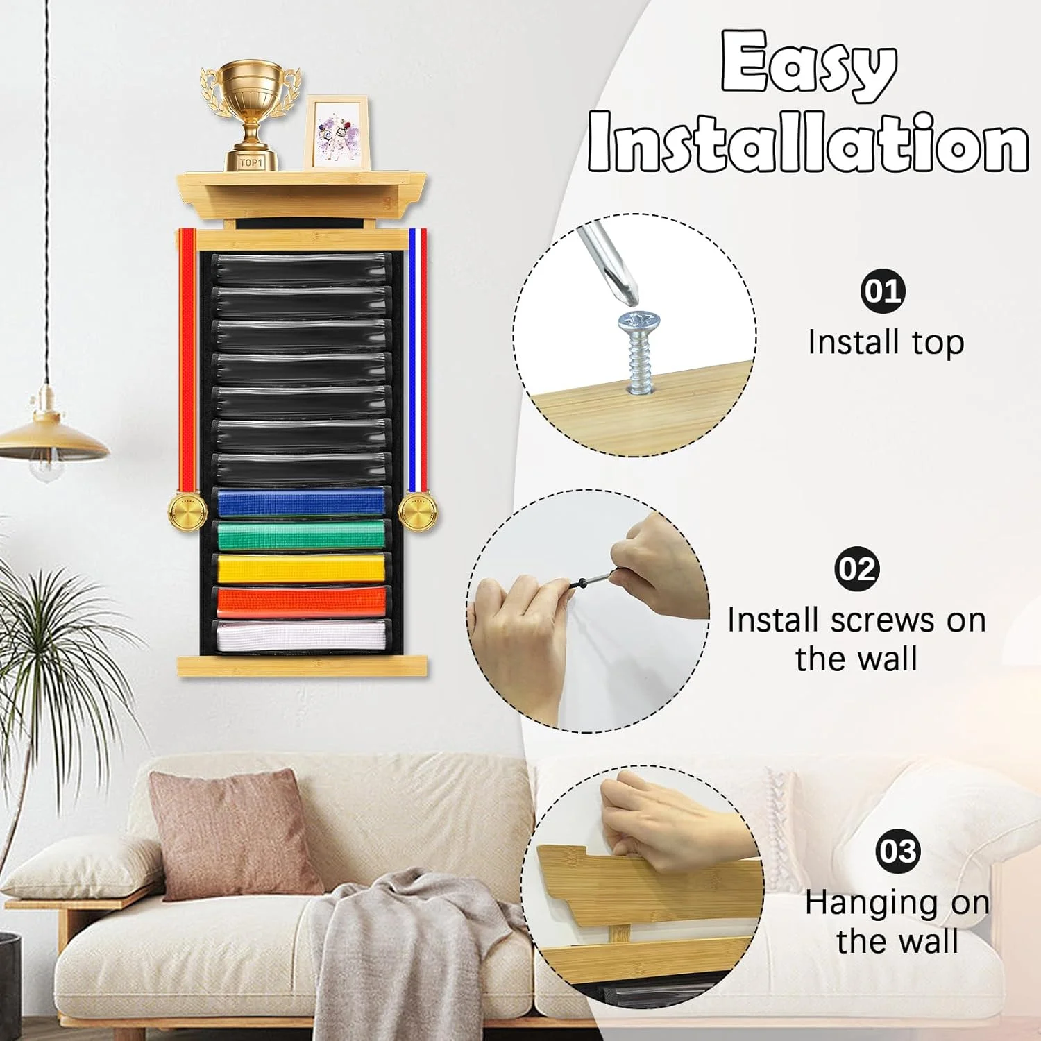 نگهدارنده کمربند چوبی کاراته X-Kingsun، قفسه نمایش 12 کمربند تکواندو، قفسه عکس جام با پوشش ضد گرد و غبار و استیکر برای بزرگسالان