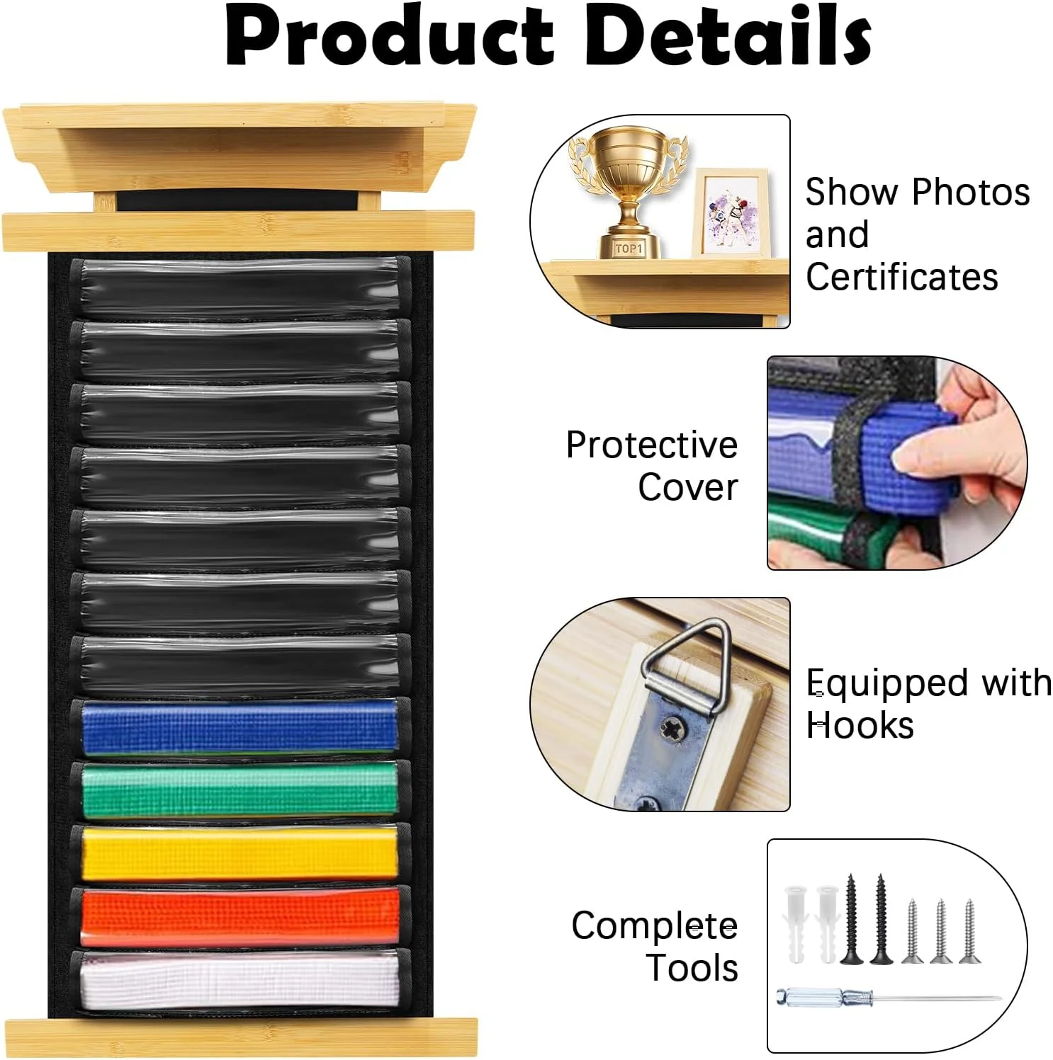 نگهدارنده کمربند چوبی کاراته X-Kingsun، قفسه نمایش 12 کمربند تکواندو، قفسه عکس جام با پوشش ضد گرد و غبار و استیکر برای بزرگسالان