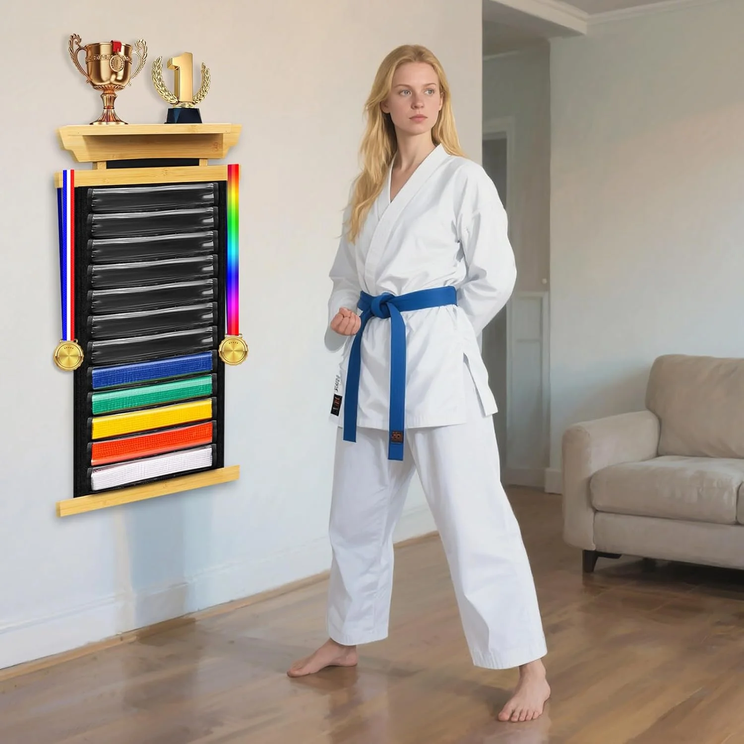نگهدارنده کمربند چوبی کاراته X-Kingsun، قفسه نمایش 12 کمربند تکواندو، قفسه عکس جام با پوشش ضد گرد و غبار و استیکر برای بزرگسالان