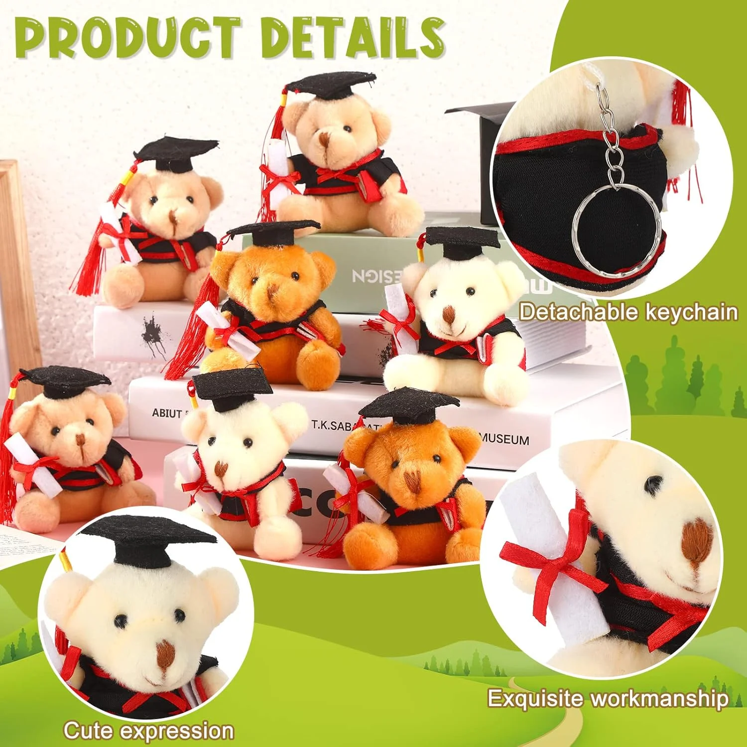 عروسک های مینیاتوری فارغ التحصیلی 12 عددی زومیبو، کلاس 2025، خرس فارغ التحصیلی، حیوانات عروسکی 9 سانتی متری با کلاه، هدایای فارغ التحصیلی پیش دبستانی، جاکلیدی های جداشدنی کوچک و عمده، لوازم مهمانی DIY (کلاه مشکی)