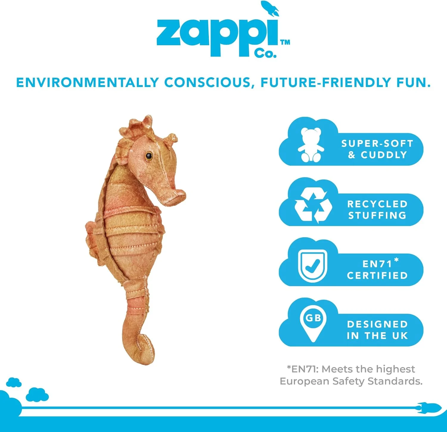 عروسک پولیشی نرم و بغلی کودکانه Zappi Co - بخشی از مجموعه حیوانات سافاری، مناسب برای کودکان (ارتفاع 15 سانتی متر) (اسب دریایی)