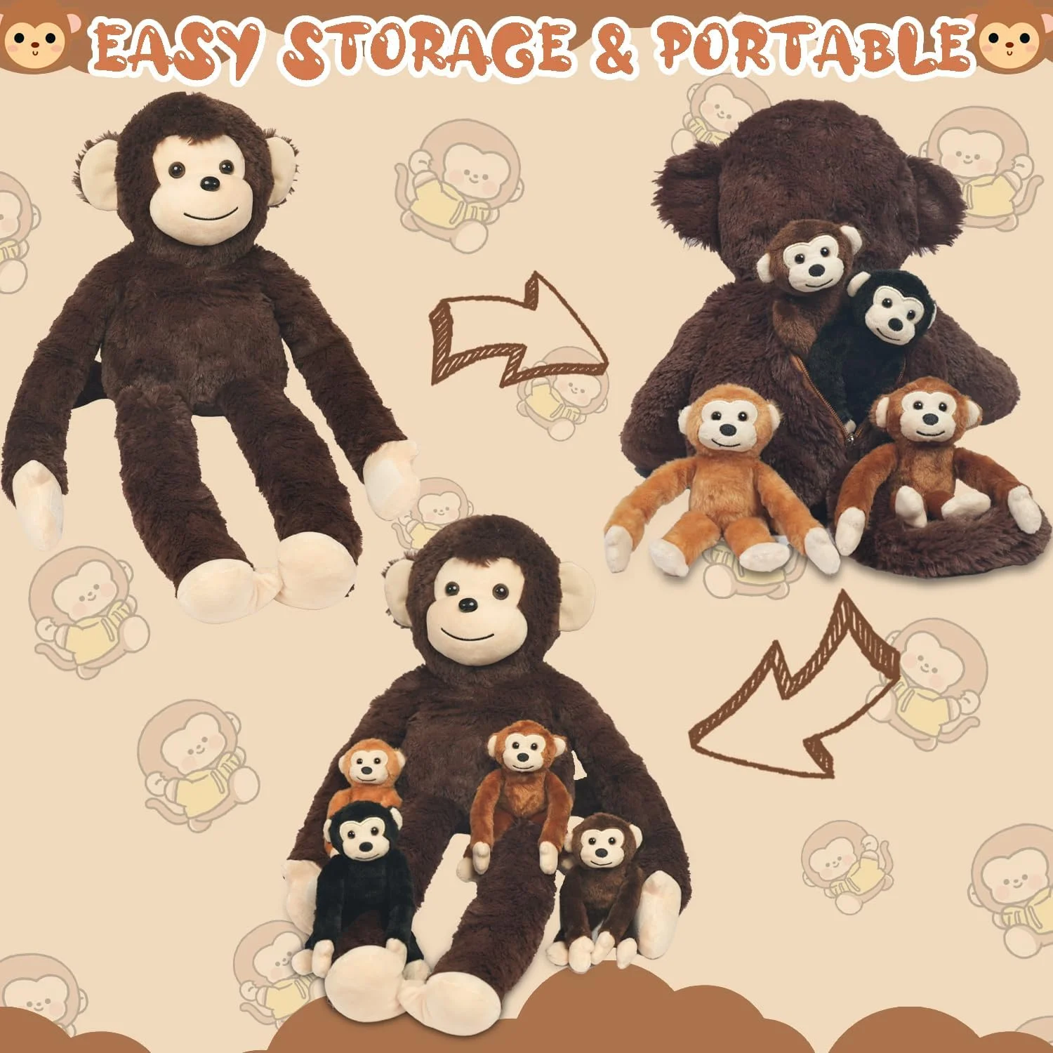 عروسک میمون پولیشی 5 در 1 با بچه ها، عروسک بزرگ و بغل کردنی میمون مادر و 4 بچه میمون آویز، اسباب بازی پولیشی میمون برای تولد دختران و پسران