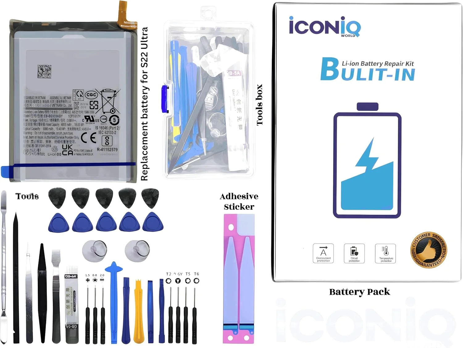 باتری ممتاز برای سامسونگ گلکسی S22 Ultra، SM-S908, S908B/DS, S908U/U1, S908W, S908N, S9080, S908E/DS، EB-BS908ABY (5000 میلی آمپر ساعت)، شامل باتری، ابزار و برچسب چسب