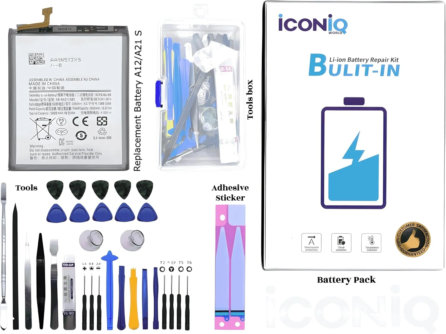 کیت باتری پریمیوم ICONIQ World برای سامسونگ گلکسی A21S A207 A217 A12 A125H A127 A022F M02 A02 M12 A13 4G A135 A135F A137F A13 A04S A047 5000mAh، شامل باتری، ابزار و برچسب چسب