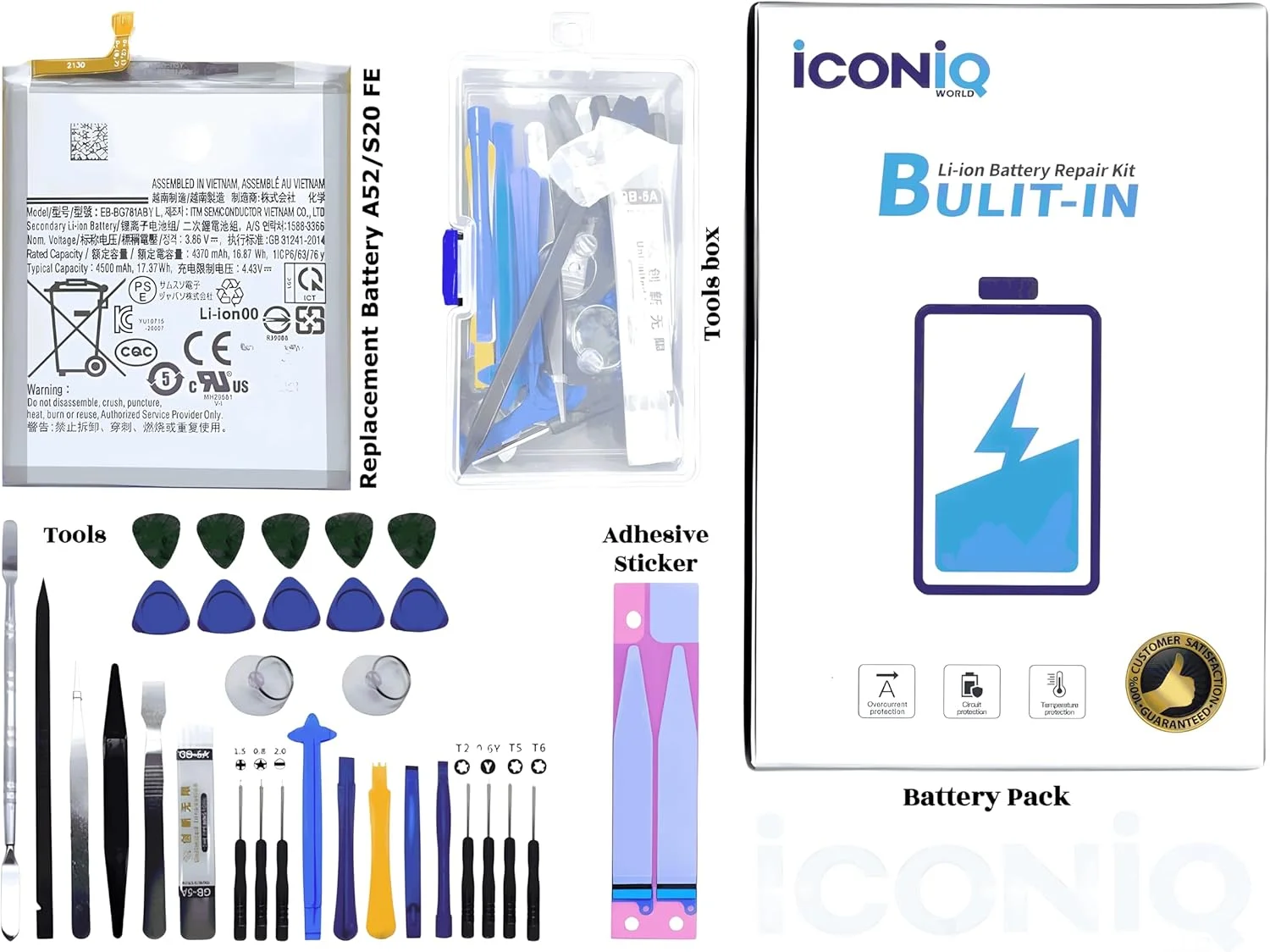 مجموعه باتری درجه یک ICONIQ World برای گوشی های سامسونگ گلکسی A52، S20FE 5G، SM-G781، SM-A526، EB-BG781ABY با ظرفیت 4500mAh، شامل باتری با ظرفیت کامل، ابزار و برچسب چسبی مجموعه باتری درجه یک ICONIQ World برای گوشی های سامسونگ گلکسی A52، S20FE 5G، SM-G781، SM-A526، EB-BG781ABY با ظرفیت 4500mAh، شامل باتری با ظرفیت کامل، ابزار و برچسب چسبی