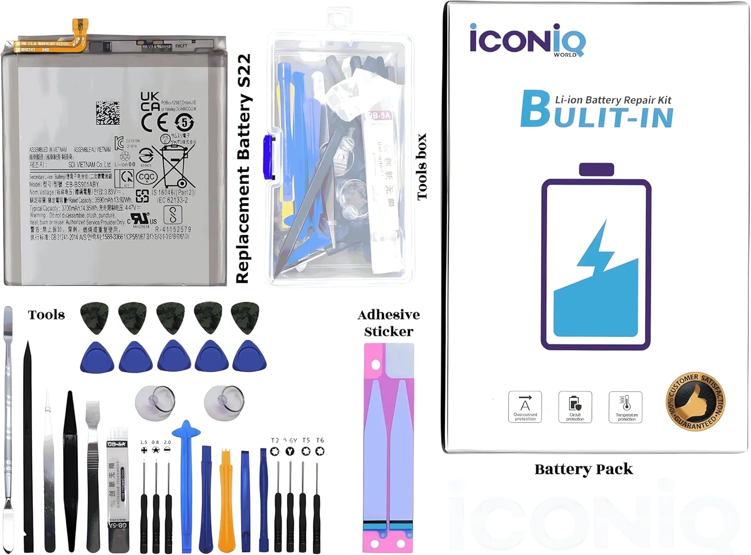 باتری درجه یک برای سامسونگ گلکسی S22، SM-S901، S901B/DS، S901U/U1، S901W، S901N، S9010، EB-BS901ABY (3700 میلی آمپر ساعت)، شامل باتری، ابزار و برچسب چسب