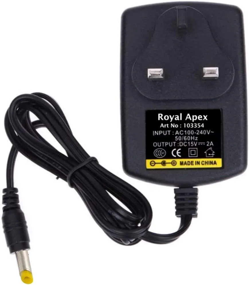 آداپتور برق متناوب 100-240 ولت به DC 15 ولت 2 آمپر رویال اپکس با دوشاخه UK و آداپتور پین 5.5x2.5 میلی متر