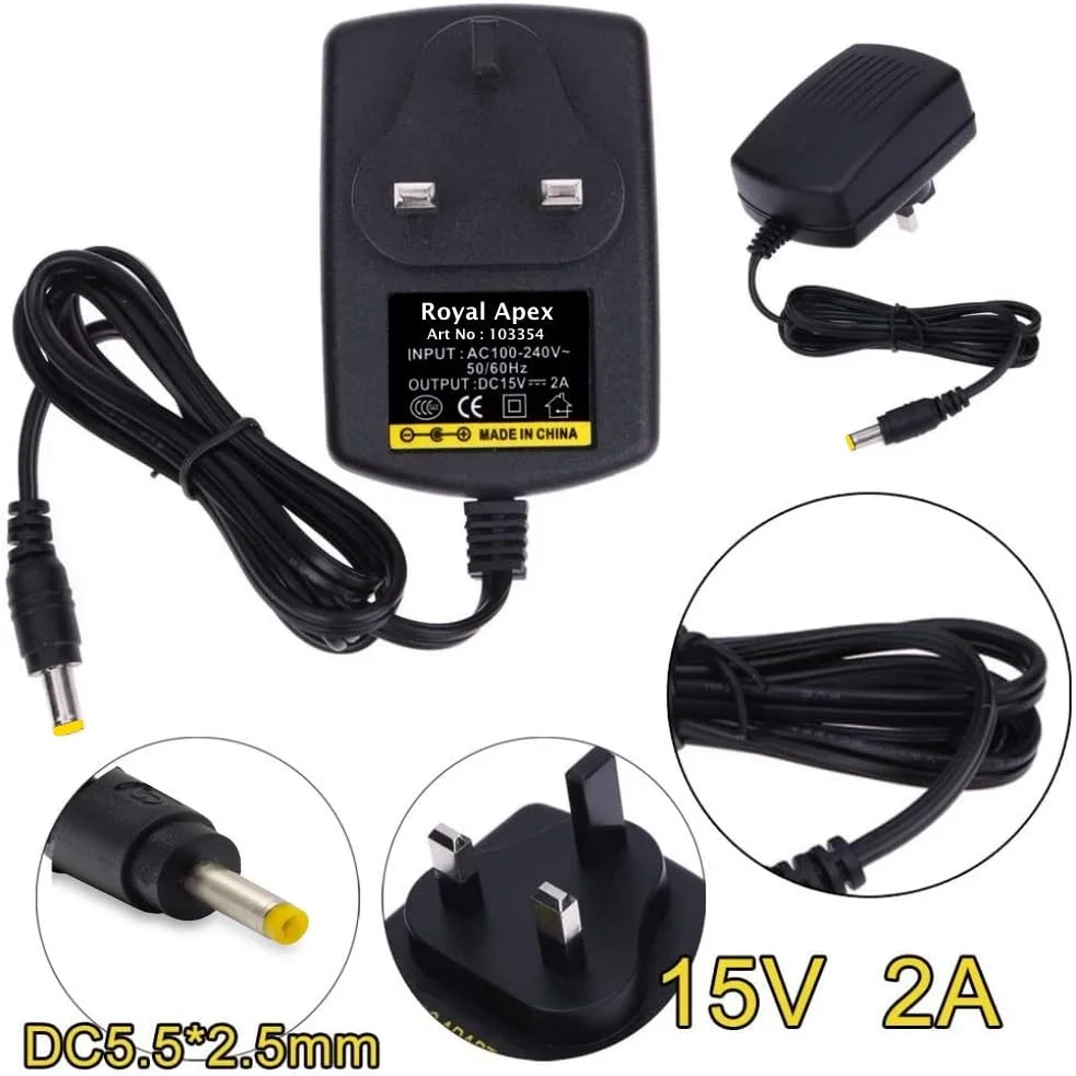 آداپتور برق متناوب 100-240 ولت به DC 15 ولت 2 آمپر رویال اپکس با دوشاخه UK و آداپتور پین 5.5x2.5 میلی متر آداپتور برق متناوب 100-240 ولت به DC 15 ولت 2 آمپر رویال اپکس با دوشاخه UK و آداپتور پین 5.5x2.5 میلی متر