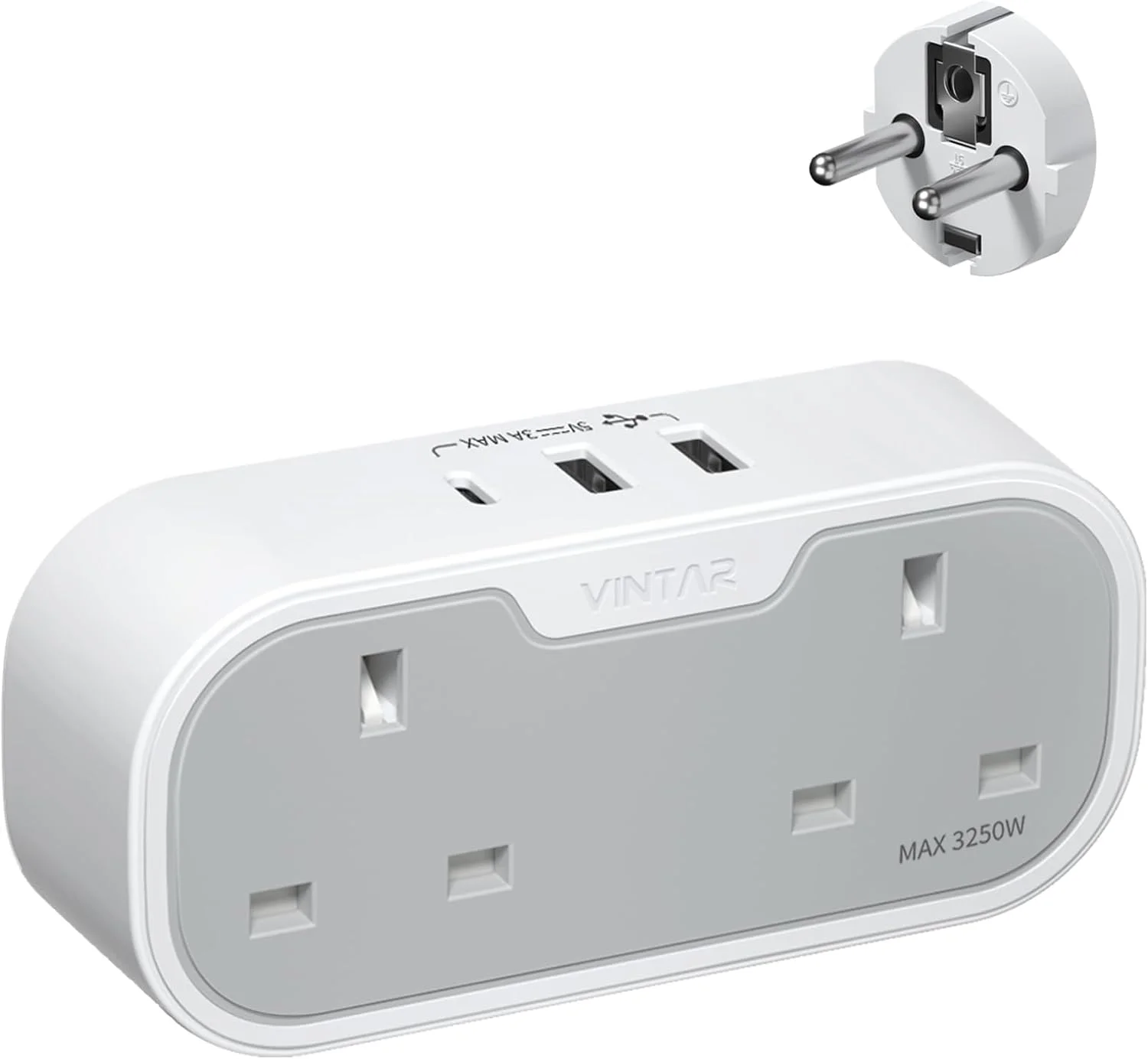 تبدیل دوشاخه بریتانیا به اروپا VINTAR، تبدیل دوشاخه مسافرتی شوکو اروپا با 2 پورت USB A و 1 پورت USB C، تبدیل دوشاخه دوتایی بریتانیا به اتحادیه اروپا برای آلمان، فرانسه، اسپانیا، روسیه و غیره (نوع E/F)، 1 عدد