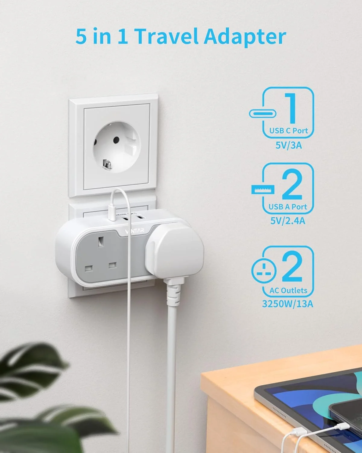 تبدیل دوشاخه بریتانیا به اروپا VINTAR، تبدیل دوشاخه مسافرتی شوکو اروپا با 2 پورت USB A و 1 پورت USB C، تبدیل دوشاخه دوتایی بریتانیا به اتحادیه اروپا برای آلمان، فرانسه، اسپانیا، روسیه و غیره (نوع E/F)، 1 عدد