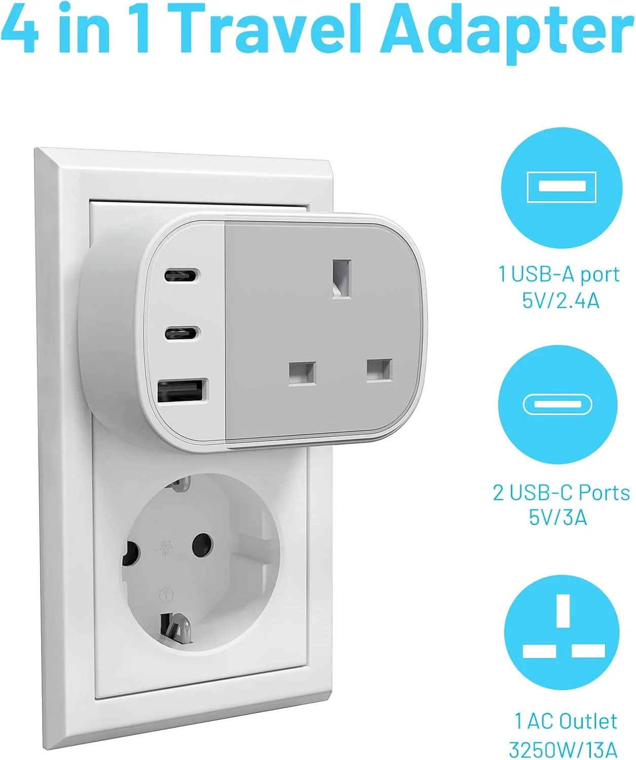 تبدیل دوشاخه امارات/بریتانیا به دوشاخه اروپایی، آداپتور مسافرتی اروپا با 2 پورت USB C و 1 پورت USB A، دوشاخه های مسافرتی بریتانیا به اتحادیه اروپا برای آلمان فرانسه اسپانیا یونان ترکیه لهستان و غیره (نوع E/F)، 1 عدد