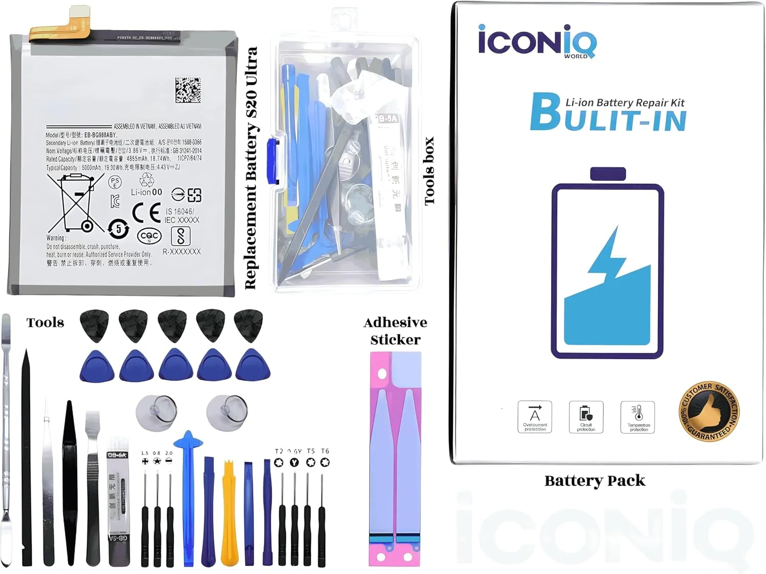 باتری درجه یک ICONIQ World برای سامسونگ گلکسی S20 Ultra مدل های SM-G988 SM-G988U SM-G988B/DS، EB-BG988ABY با ظرفیت 5000mAh، شامل باتری با ظرفیت کامل، ابزار و برچسب چسبی باتری درجه یک ICONIQ World برای سامسونگ گلکسی S20 Ultra مدل های SM-G988 SM-G988U SM-G988B/DS، EB-BG988ABY با ظرفیت 5000mAh، شامل باتری با ظرفیت کامل، ابزار و برچسب چسبی