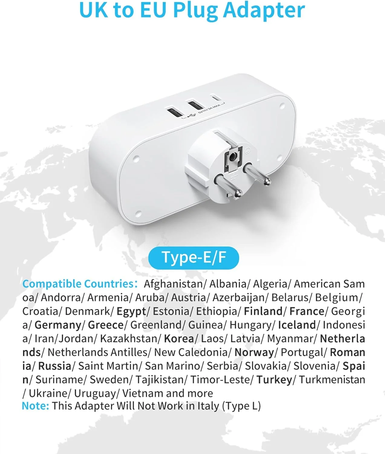 تبدیل دوشاخه بریتانیا به اروپا VINTAR، تبدیل دوشاخه مسافرتی شوکو اروپا با 2 پورت USB A و 1 پورت USB C، تبدیل دوشاخه دوتایی بریتانیا به اتحادیه اروپا برای آلمان، فرانسه، اسپانیا، روسیه و غیره (نوع E/F)، 1 عدد