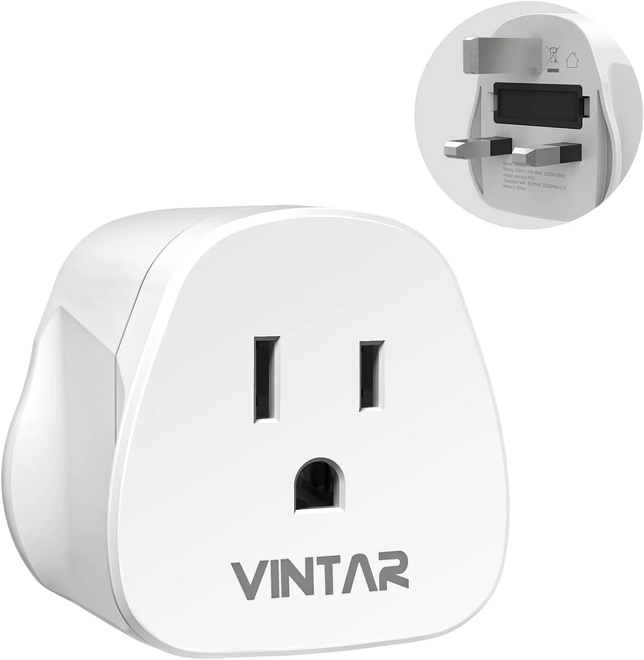 تبدیل دوشاخه آمریکایی به بریتانیایی VINTAR با فیوز 10 آمپر - آداپتور مسافرتی مناسب برای آمریکا، کانادا، ژاپن و غیره (نوع A، B)، 1 عدد