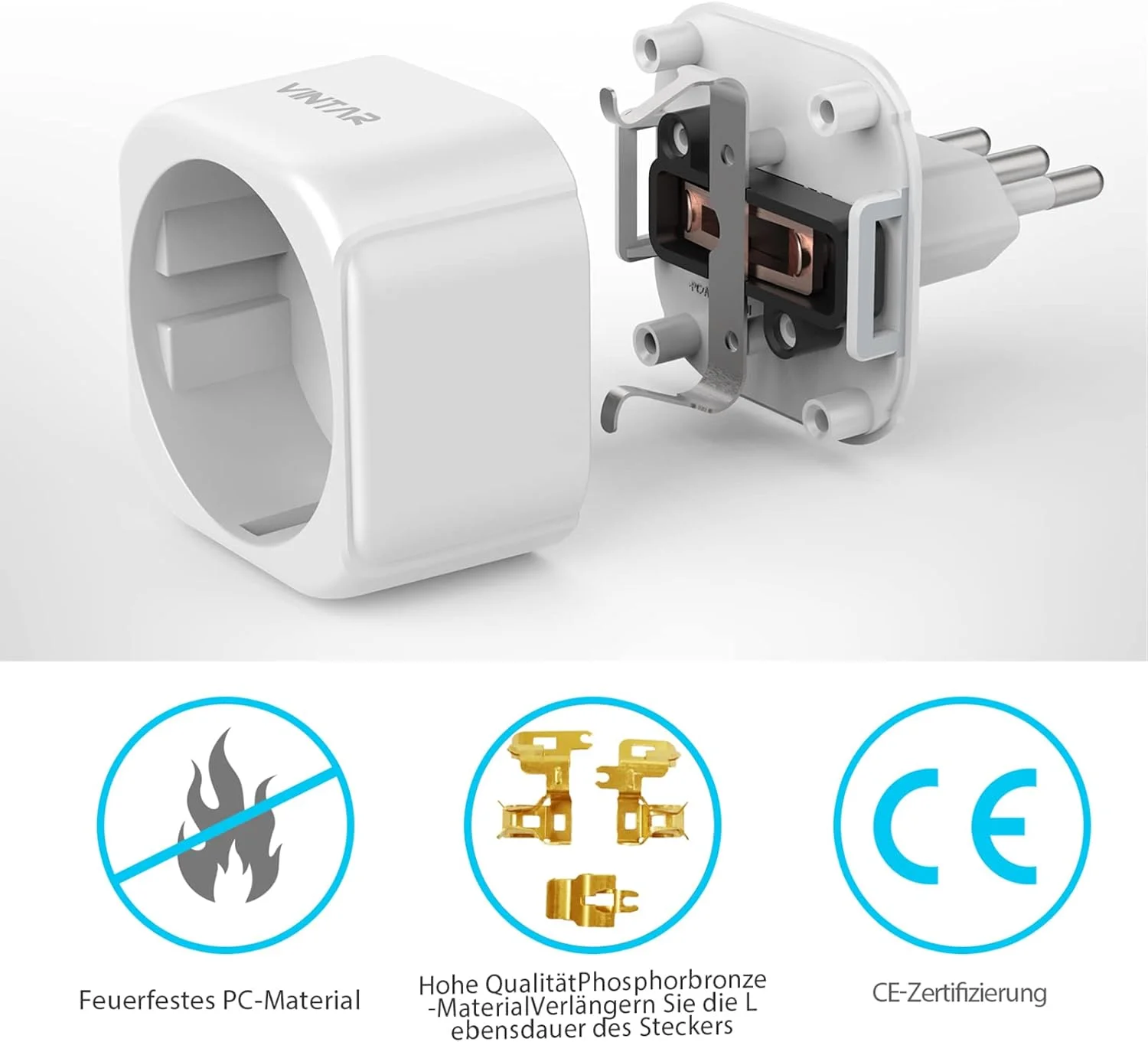 تبدیل دوشاخه اروپایی به سه شاخه ایتالیایی VINTAR، تبدیل دوشاخه 2 پین فرانسوی/اروپایی به سه شاخه ایتالیایی برای ایتالیا، سوریه، اروگوئه، شیلی، مالدیو، نوع L، سفید