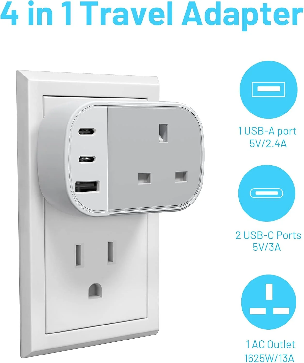 تبدیل دوشاخه بریتانیا به آمریکا VINTAR با 2 پورت USB-C و 1 پورت USB-A، آداپتور مسافرتی برای ایالات متحده آمریکا، مکزیک، کانادا، تایلند و غیره (نوع B)، 1 عدد