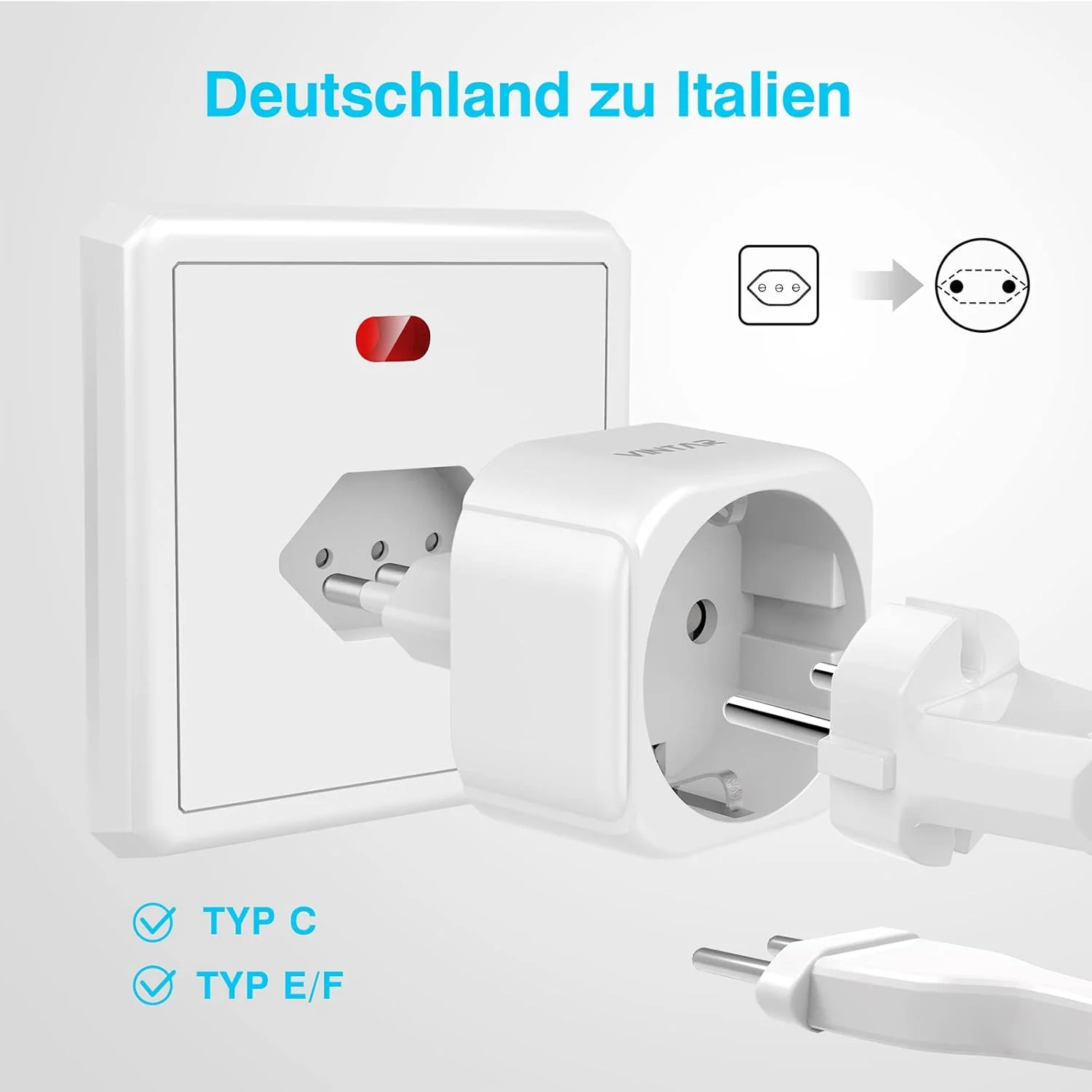 تبدیل دوشاخه اروپایی به سه شاخه ایتالیایی VINTAR، تبدیل دوشاخه 2 پین فرانسوی/اروپایی به سه شاخه ایتالیایی برای ایتالیا، سوریه، اروگوئه، شیلی، مالدیو، نوع L، سفید