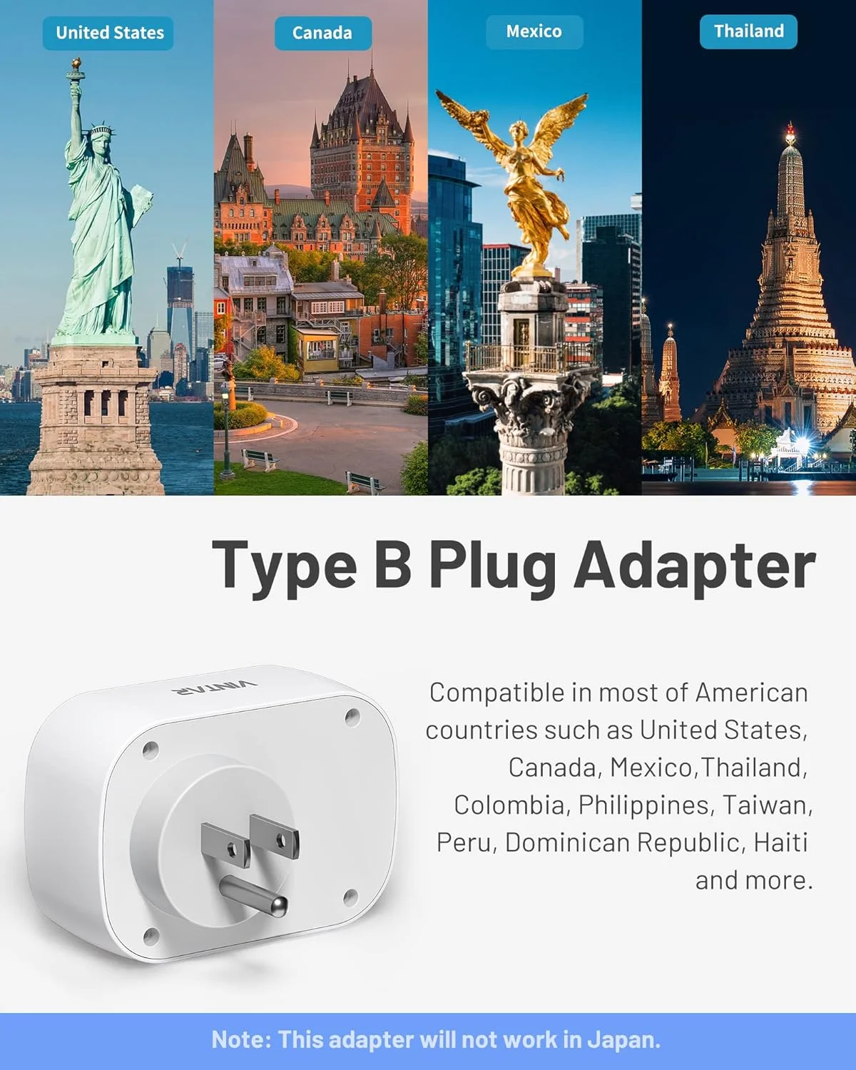 تبدیل دوشاخه بریتانیا به آمریکا VINTAR با 2 پورت USB-C و 1 پورت USB-A، آداپتور مسافرتی برای ایالات متحده آمریکا، مکزیک، کانادا، تایلند و غیره (نوع B)، 1 عدد