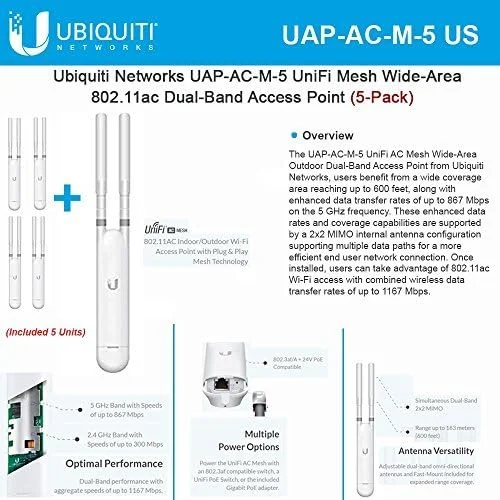 Ubiquiti Networks UAP-AC-M-5 UniFi Mesh نقطه دسترسی دو بانده 802.11ac با پوشش گسترده (بسته 5 عددی)