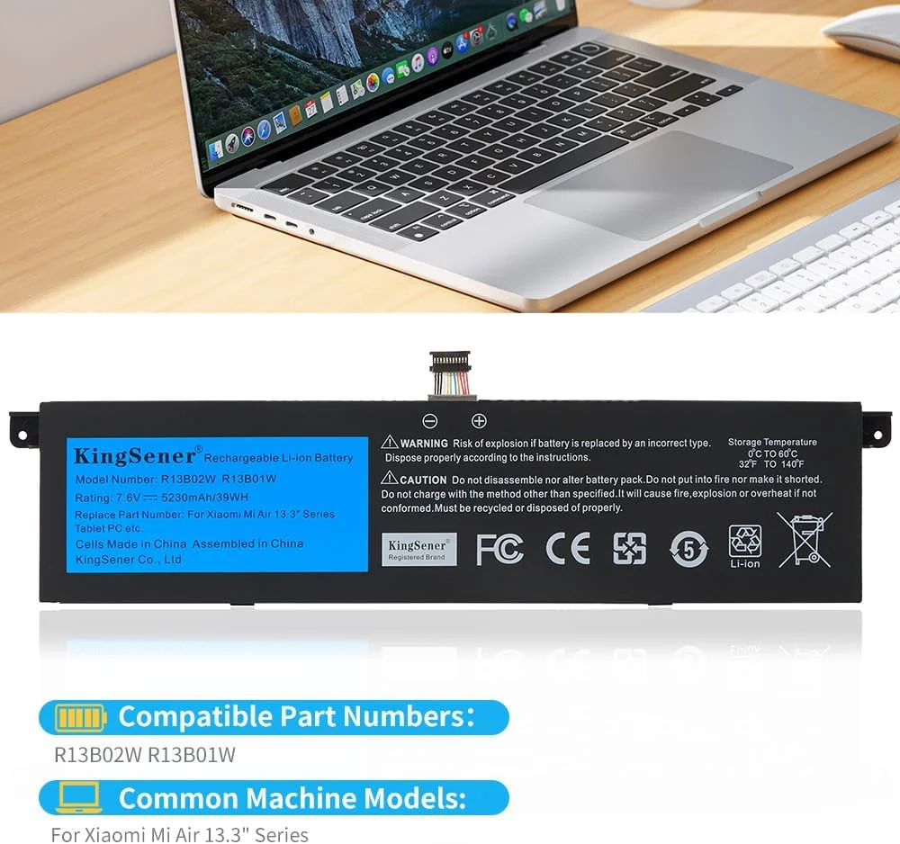باتری لپ تاپ R13B01W R13B02W برای سری Xiaomi Mi Air 13 13.3 اینچی نوت بوک 161301-01 تبلت PC باتری قابل شارژ 7.6V 5230mAh / 39WH